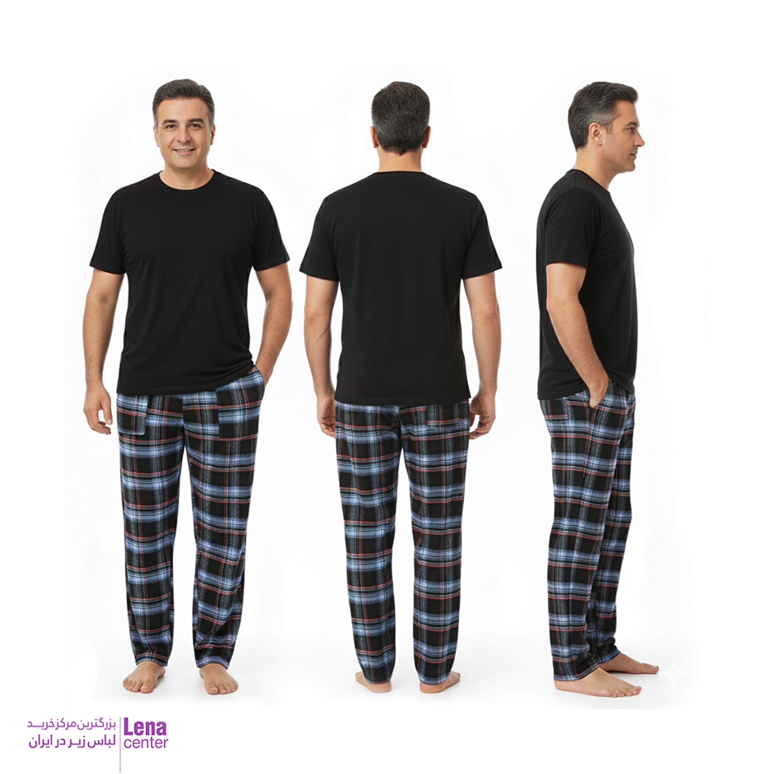 پیژامه مردانه چهارخانه کتان مشکی لنـا‌سنتر – نما از سه جهت