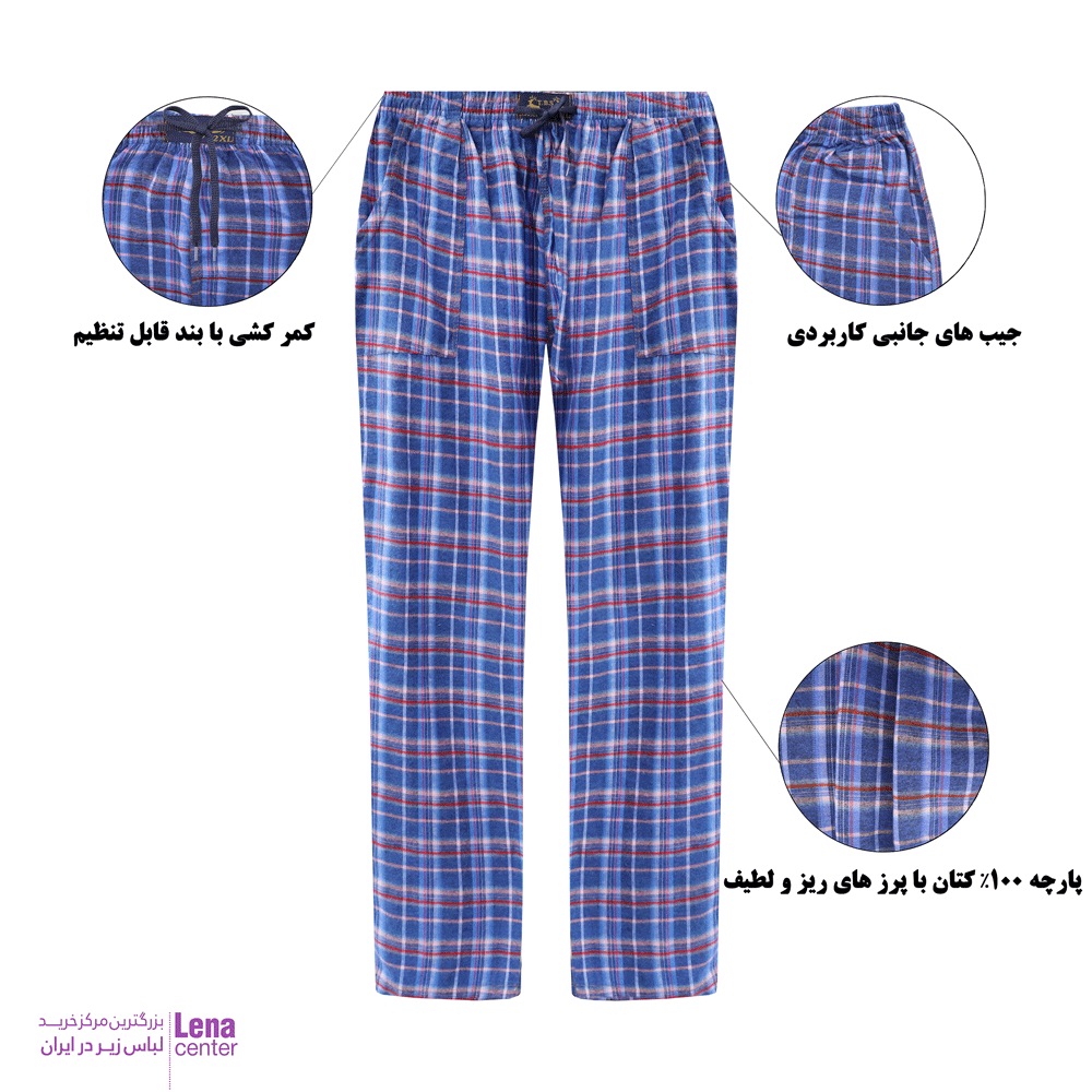 پیژامه مردانه چهارخانه کتان آبی لنـا‌سنتر – جزئیات کمر