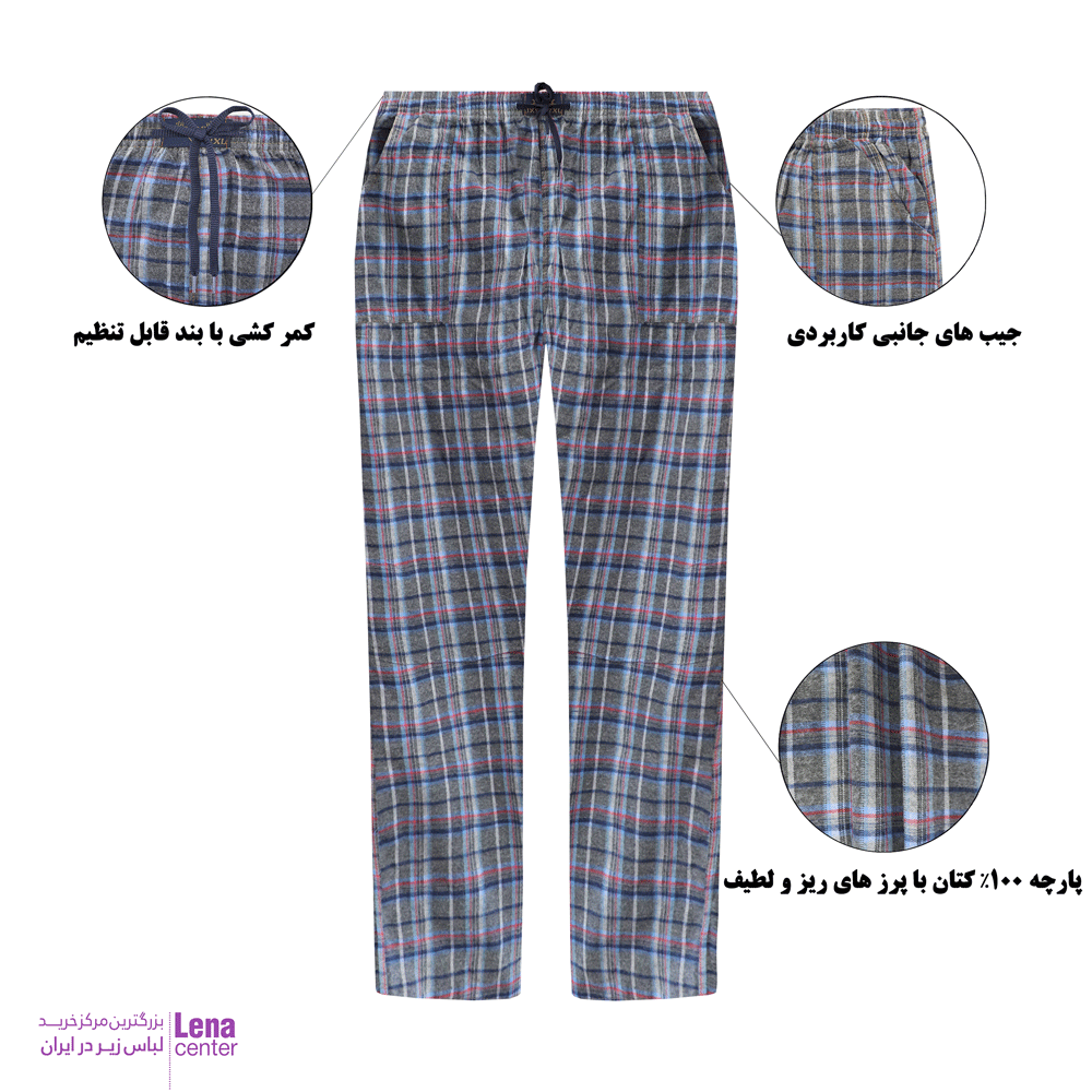 پیژامه مردانه چهارخانه کتان طوسی لنـا‌سنتر – جزئیات کمر