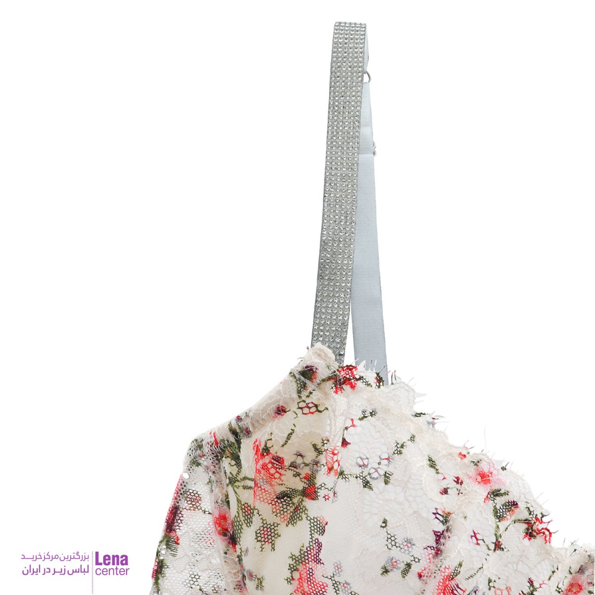 ست شورت و سوتین زنانه مژه‌ای نگین‌دار طرح گل با بندهای درخشان و تور لطیف نمای جزییات
