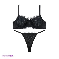 ست شورت و سوتین زنانه مژه‌ای نگین‌دار طرح گل با بندهای قابل تنظیم و تور لطیف نمای جلو