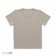 تیشرت زنانه نیم آستین با یقه هفت و پارچه کبریتی نمای جلو